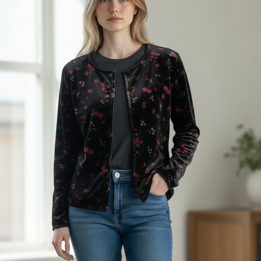 VTG Y2K Black Velou Velvet Cardigan Sz PM Petite‎ M Floral Stretchy Whimsigoth